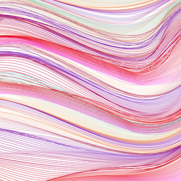 Magenta, pink, purple, violet wavy thin curves. Multicolored background with striped pattern. Vector line art design. Dynamic squiggle lines, net texture. Abstract template for creative concept. EPS10