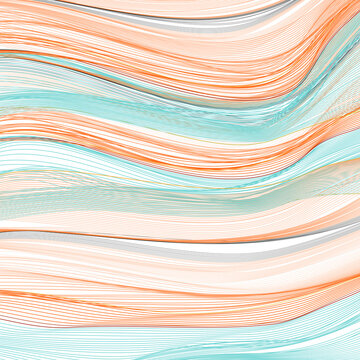 Orange, turquoise squiggle curves. Multicolored background with striped pattern. Vector line art design. Dynamic wavy lines, net texture. Abstract digital template for creative concepts. EPS10