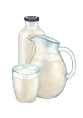 Watercolor composition of the glass, bottle and jug of milk.