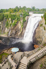 Rocky Face of Montmorency Falls waterfall near Quebec City, Canada, natural landmark and Tourist...