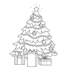 Coloring page of a decorated Christmas tree with gifts. Vector black and white illustration on white background.