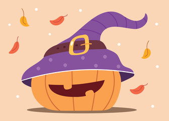 Funny toothless pumpkin in a witch's hat.Jack's head of a lantern carved from pumpkin for Halloween.