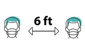 Social Distancing Keep Your Distance 6 ft or 6 Feet Sign with People wearing Face Masks and Distance Arrow. Vector Image.