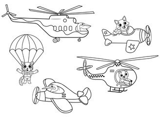 Funny coloring kids air transport set with little animals. Helicopters, biplane, parachutist cartoon  black and white vector illustration isolated on white background © Elena