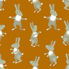 Fairy  pattern with grey rabbits on the brown background . In Scandinavian style. For textiles, wallpapers, designer paper, etc
