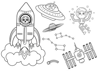 Obraz premium Funny coloring kids space transport set with characters. Spaceship, UFO, space station and space robot cartoon black and white vector illustration isolated on white background