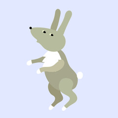 Fototapeta na wymiar Funny grey rabbit on the light blue background. In Scandinavian style. Print for children's clothes, room and etc