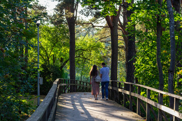 Sunny autumn day in the park by the river. Walking outside the city. Outdoors.