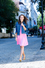 Beauty portrait of female face with natural skin. Beauty portrait of female face. Gorgeous young model woman posing in the city. Wonderful white female. Stylish. Hipster. Russian.