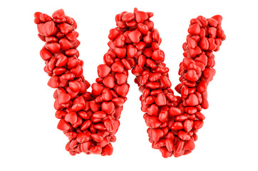 Letter W from red hearts, 3D rendering
