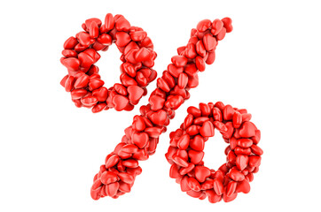 Holidays Discount and Sale on Valentine's day concept from red hearts, 3D rendering