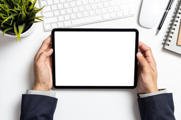 Mockup image tablet, businessman hand holding tablet pc with blank white screen