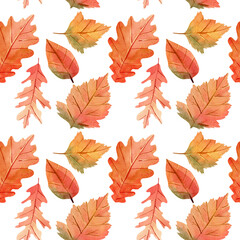 Seamless watercolor pattern with oak and maple fall leaves for fabric and decor