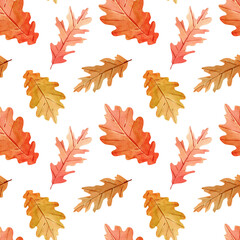 Fototapeta premium Seamless watercolor pattern with oak fall leaves for fabric, decor, template design