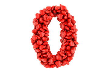 Number 0 from red hearts, 3D rendering