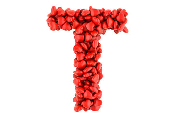 Letter T from red hearts, 3D rendering