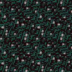 Seamless botanical dark pattern with white bells
