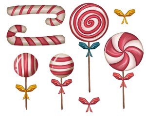 Set of realistic christmas candies, decorations, sweets