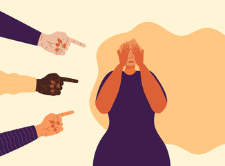 Victim girl scene in society. Stressed woman in shame and hands with pointing finger. Concept of accusation, depression in work, in school.