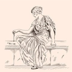 An ancient Greek woman in a tunic sits and holds a jewelry in her hand.