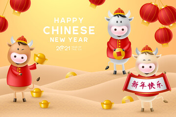 Fototapeta premium Chinese New Year greeting card. Funny characters in cartoon 3d style. 2021 Year of the Ox zodiac. Happy cute bulls with gold coin, ingot and scroll. Translation Happy New Year. Vector illustration.