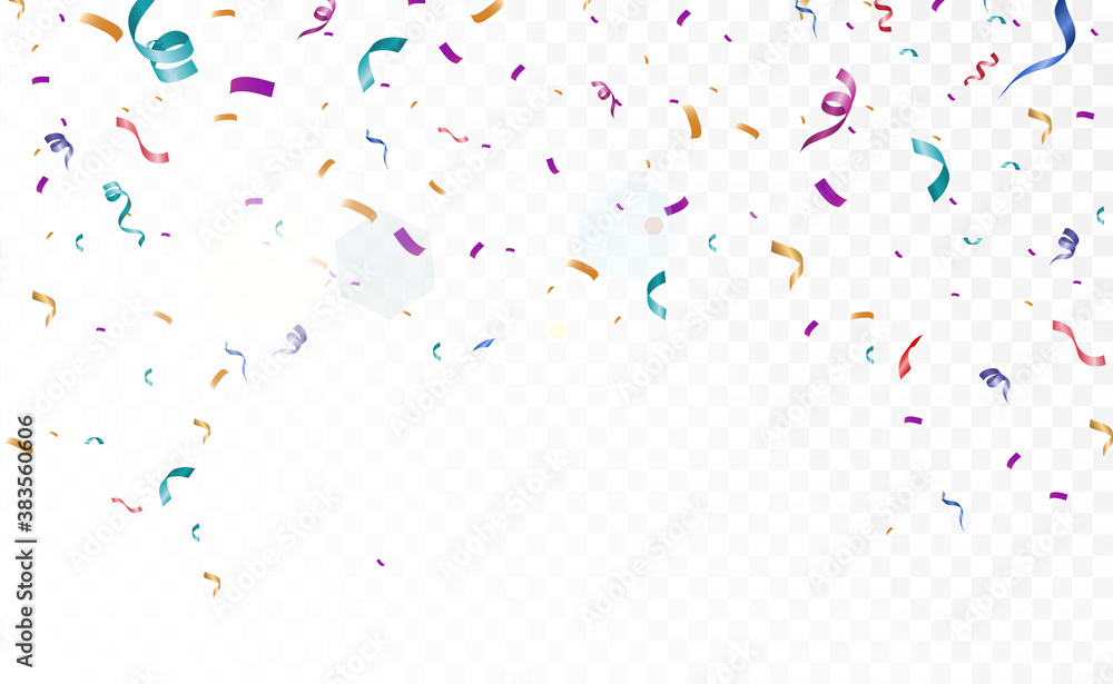Poster Lots of colorful tiny confetti and ribbons on transparent background. Festive event and party. Multicolor background.Colorful bright confetti isolated on transparent background