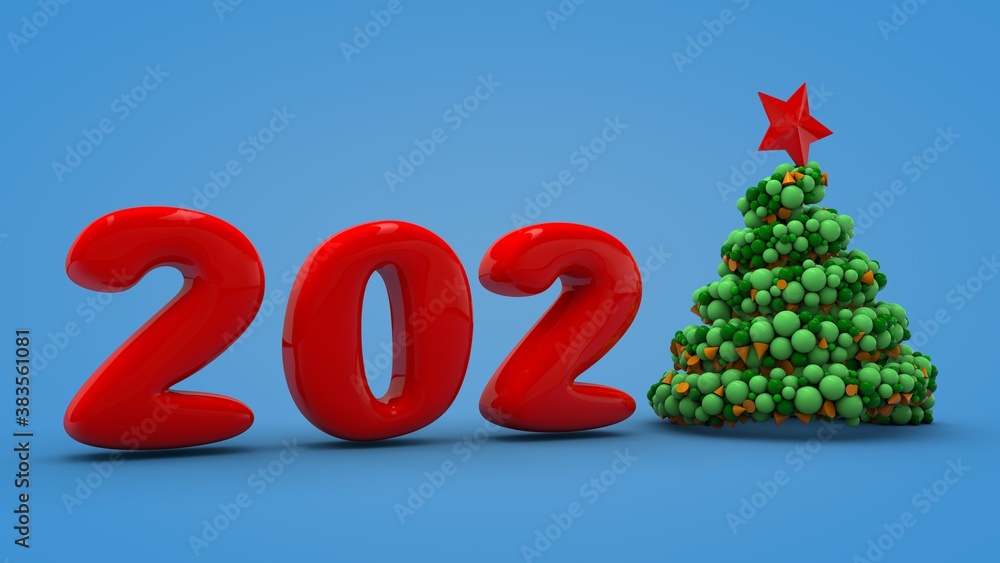Aufkleber 3d rendering of the new year's date 2021 on a blue background with a christmas tree symbol instead o