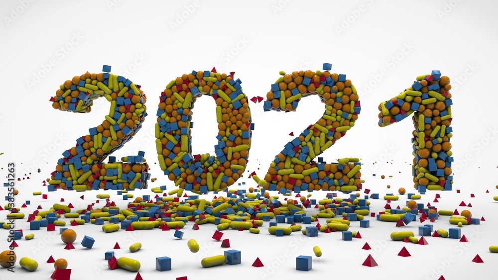 Aufkleber 3d rendering of the date 2021. abstract image of many small geometric shapes. illustration on a whit