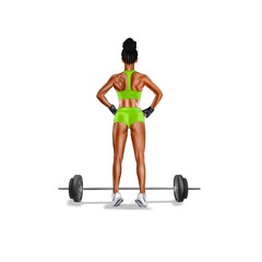 Fototapeta na wymiar Athletic African American girl with a barbell on a white background. Back.