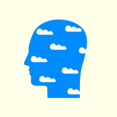 Blue human head in profile with white clouds as a concept for positive thinking or environmental protection. Decorative vector illustration, icon, avatar or logo