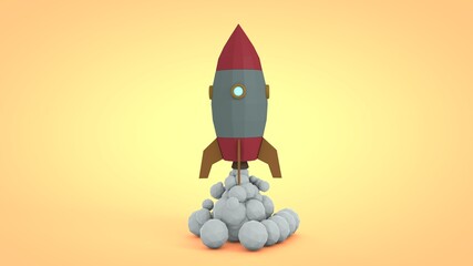 3D rendering of a space rocket that starts its flight. Illustration in a low-poly style. The idea of developing the space industry. The future of interplanetary flights to Mars and Venus.