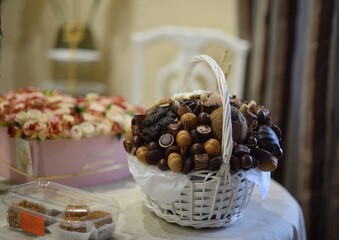 Mountain chocolates and sweets in a white basket on the table.