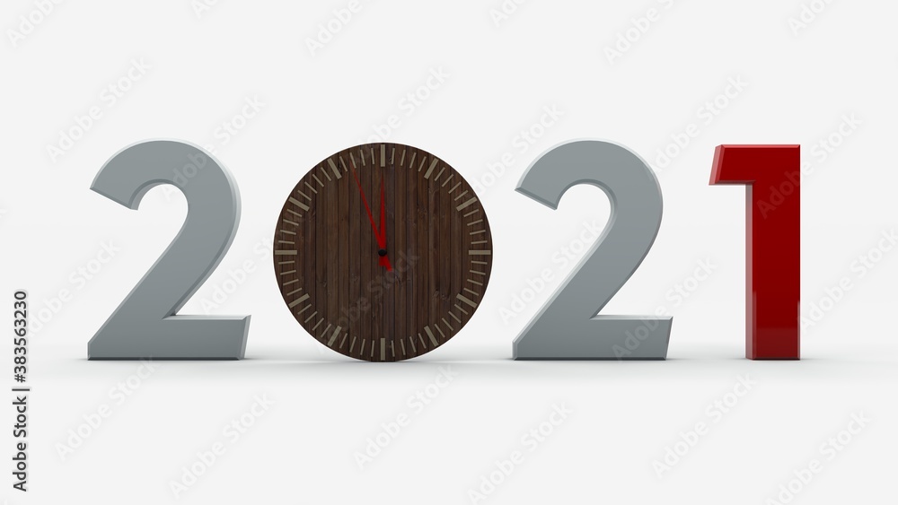 Poster 3d rendering of the 2021 date. wooden clock instead of zero. the image is isolated on a white backgr