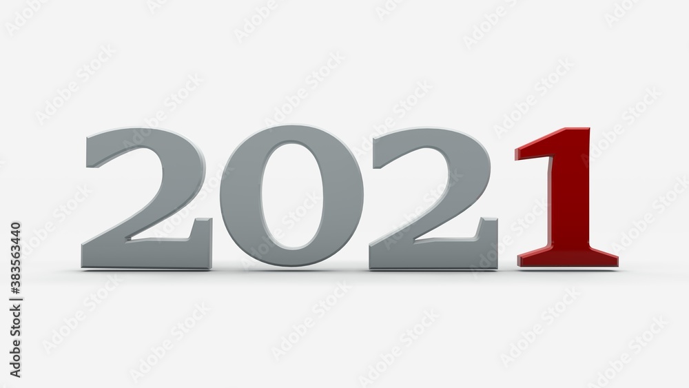Poster 3d rendering of the date 2021. the text is white, the unit is red. the image is isolated on a white 