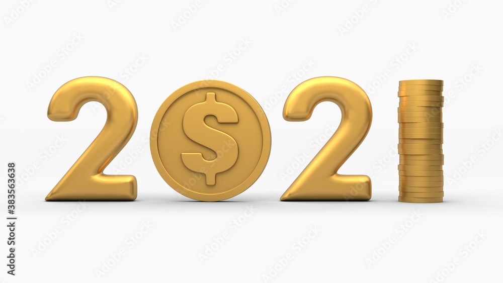 Poster 3d rendering of the date 2021. a gold dollar coin instead of zero. a column of coins instead of one.
