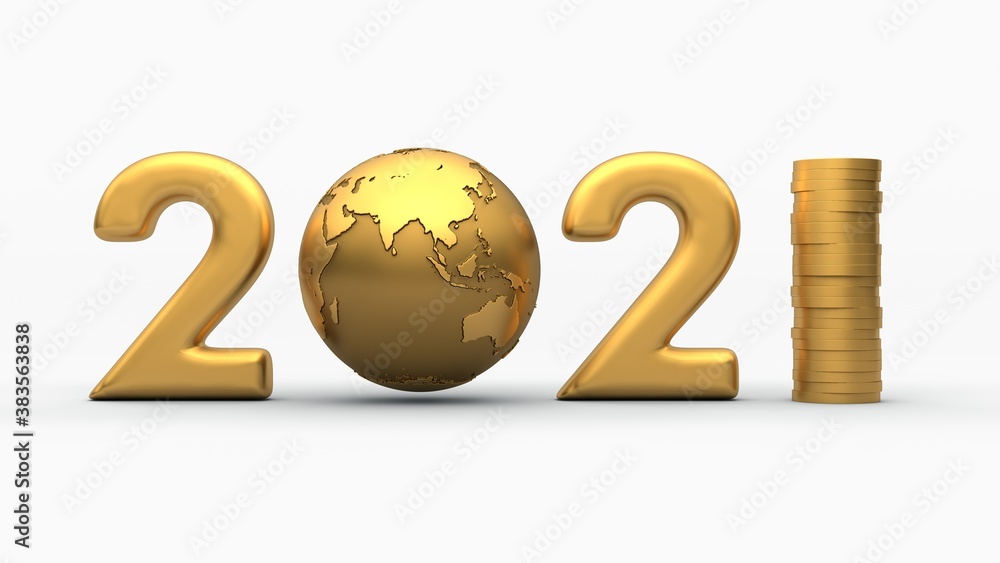 Aufkleber 3D rendering of the date 2021. Golden planet Earth instead of zero. A column of coins instead of one. The idea of success and prosperity in the new year 2021. Isolated image on a white background.