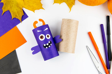 Halloween decoration. DIY and kids creativity concept. Step by step instructions: make a monster...
