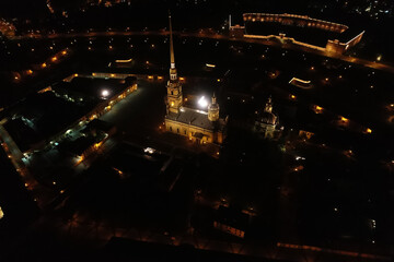 Fototapeta na wymiar Aerial Townscape of Saint Petersburg City at Night. Peter Pavels Fortress