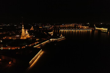 Fototapeta premium Aerial Townscape of Saint Petersburg City at Night. Peter Pavels Fortress