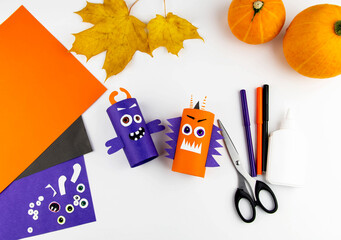 Halloween decoration. DIY and kids creativity concept. Step by step instructions: make a monster...