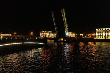 Aerial Townscape of Saint Petersburg City at Night. Troitskiy Bridge