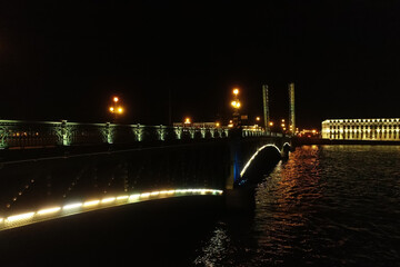 Aerial Townscape of Saint Petersburg City at Night. Troitskiy Bridge