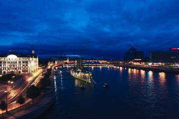 Naklejka premium Aerial Townscape of Saint Petersburg City at Night. Kalininsky District