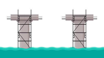 Road side vector. Scaffolding vector. Bridge pillar. Bridge posts under construction. Road fence. Bridge over the way. Road flooding.