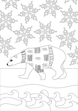 Coloring page with cute polar bear in sweater, outline colorless vector stock illustration with christmas bear in winter