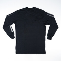 Long sleeved black shirt on a white background, usually used for tshirt mockups or design templates.