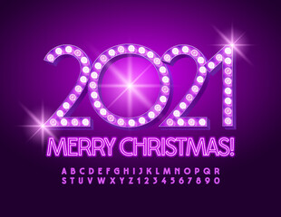 Vector magic greeting card Merry Christmas 2021! Violet Neon Font. Glowing electric Alphabet Letters and Numbers set