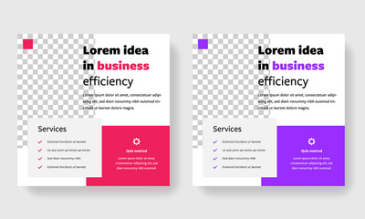 Clean social post layouts with red and purple background. Square vector banner illustration with editable options