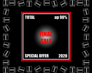 Total final sale, special offer up 90%. The design of the banner. Black background.