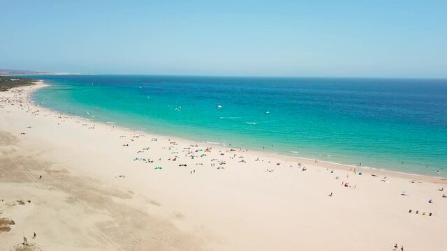 Aerial view of golden Mile beach in Tarifa , CADIZ , Natural Park of the Gibraltar Strait. Famous destination in south of Spain for nautical sports , windsurf, kite-surf.